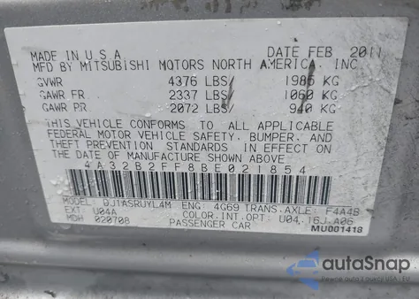 2011 Mitsubishi Galant Fe z USA, uszkodzony, nr VIN 4A32B2FF8BE021854